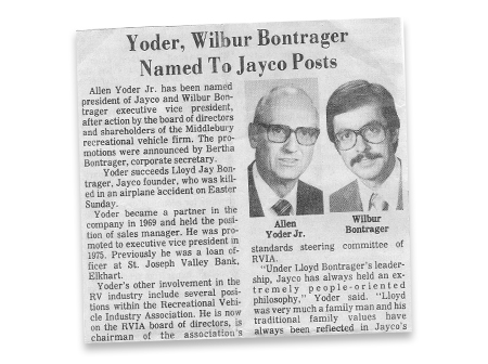 press release in newspaper of new Jayco executives following death of Lloyd Bontrager