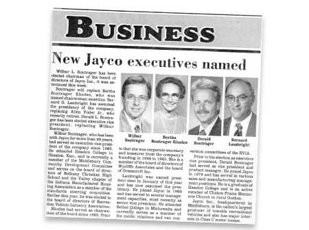 newspaper announcement of new Jayco executives in 1993